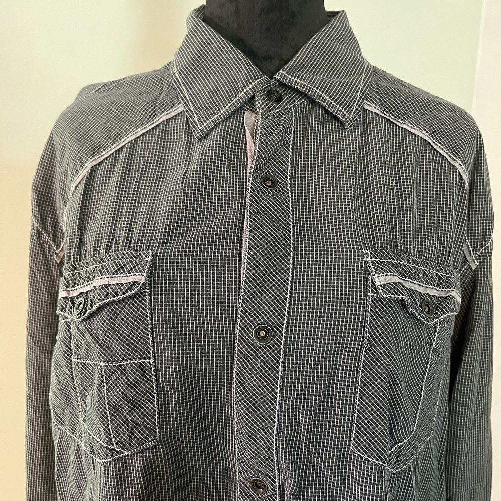 Buckle Black Label Athletic Fit Mens Black White Plaid Button Up Shirt XL